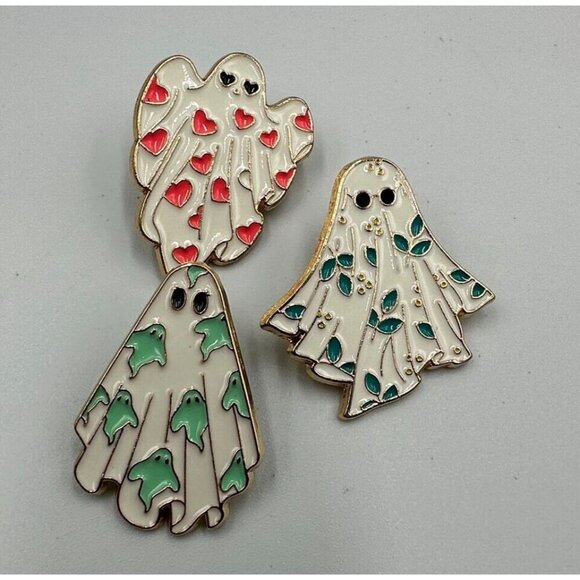 3/$30 Ghost Lapel Pins Set of 3 Gold Spooky Cute Cartoon Style Halloween Kids - Picture 1 of 10